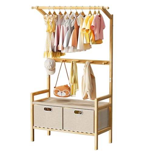 Luxspire Kids Clothing Rack, Bamboo Kids Dress up Rack with 1 Hanging Rod, 5 Hanging Hooks & 2 Fabric Drawers, Toddler Dress up Storage for Bedroom, Playroom, Nursery, Laundry, Burlywood