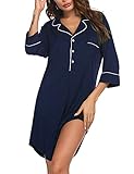 Ekouaer Boyfriend Style Sexy Cotton Nightgown Sleep Shirt For Women,Navy Blue(3/4 Sleeve),Small
