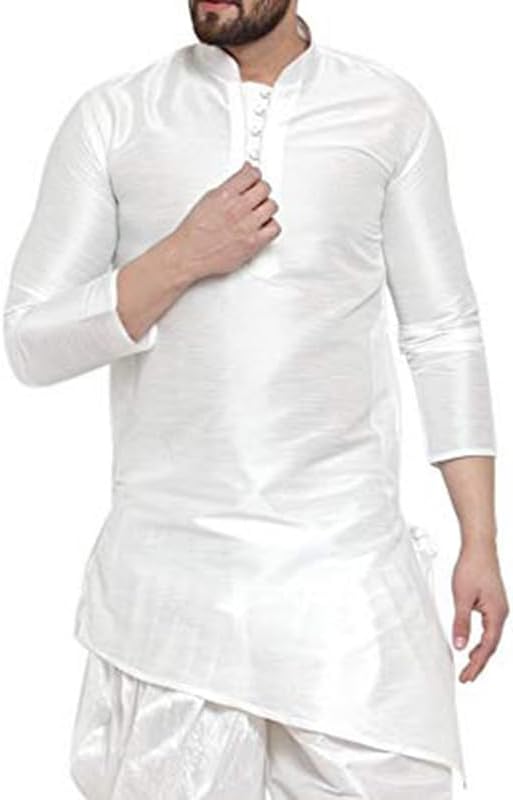 Men's Tunic Dupion Silk Kurta Indian Traditional Short Kurta Full Sleeve Mandarin Collar For Wedding Wear