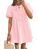 ZESICA Women's Summer Short Sleeve Tie Front Mini Dress Cute Babydoll Ruffle Pleated A Line Tunic Dresses,Pink,Small