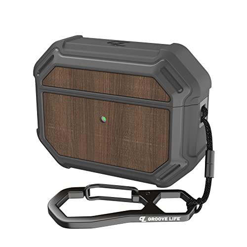 Gun Metal/Walnut Groove Case By Groove Life - Airpod Pro Compatible Case With Carabiner, Charging Light Visible, Wireless Charging Compatible, Total Protection With Lifetime Coverage #TOP20