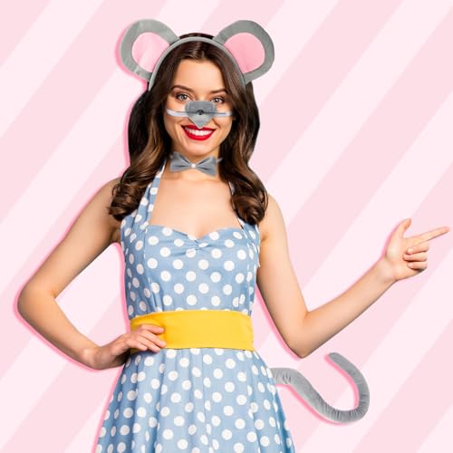 patinadrift 4 Stück Maus Kostüm Set,Verkleidung Tierkostüm Kit Maus Ohren Haarbänder Maus Nase Fliege Schwanz,Tier Kostüm Zubehör für Erwachsene Karneval Halloween