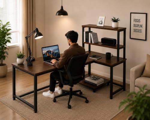 Image of Reversible L Shaped Computer Table with Storage Shelves | Rustic Brown Wooden Study Desk with Black Matte Metal Frame | Home Office Workstation | Writing Desk for Laptop & PC| 130x50x150 cm