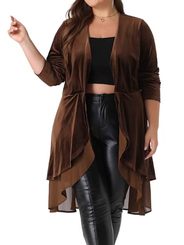Image of Agnes Orinda Women Plus Size Ruffled Asymmetric Long Velvet Cardigan Jacket | Chiffon Ruffle Splicing Open Front Long Sleeve Irregular Hem Casual Jackets