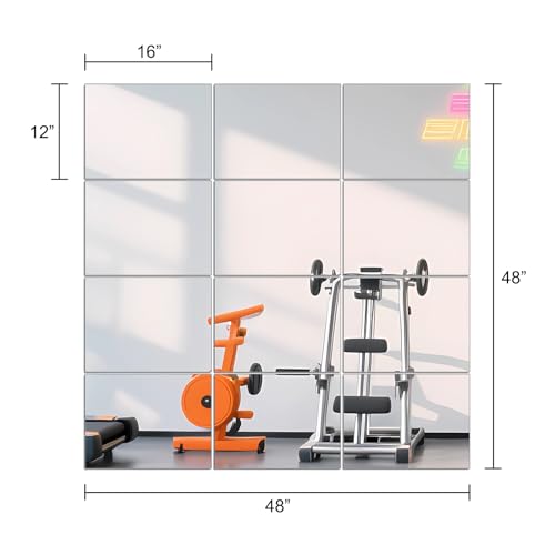 Image of Ruomeng Home Gym Mirror Tiles - 12 inch x 16 inch x 12Pcs Frameless Full Length Wall Mirror Tiles Wall Mounted Mirror for Vanity Bedroom, Living Room