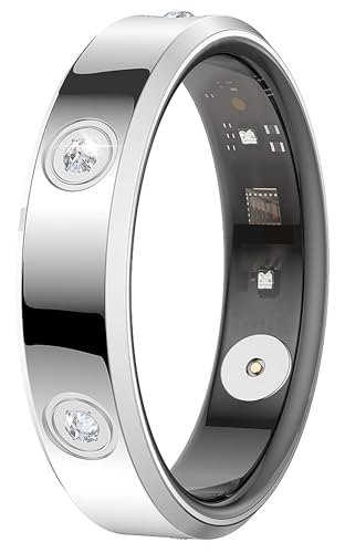 スマートリング レディーズ スマート リング 指輪 女性 健康指輪 Bluetoothリング 体調管理 H-R/SP-O2飽和度/睡眠検測 活動量計 消費カロリー 歩数計 リモートカメラ 防水 ワイヤレス充電ケース付き IOS/Android対応 プレゼント (シルバー-ワイヤレス充電ケース付き, #8/円周57.8mm)の商品画像（Amazon）