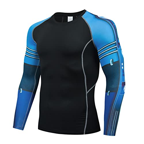 Mens Workout Compression Set Gym Base Layer Top & Bottom Running Cycling Sports Suits Outfit 3 Pieces(Blue,Medium) #TOP1