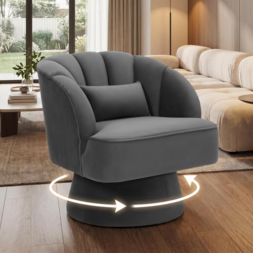 GarveeHome Modern 360° Swivel Velvet Barrel Accent Armchair – Striped Backrest & Plush Padding, Comfy Round Lounge Chair for Living Room, Bedroom, Reading Nook