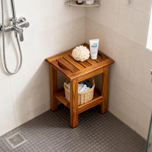 Miniatura 5 de Utoplike Banco De Ducha De Teca, Taburete De Ducha Compacto Con Estante Y Asa, Asiento De Baño Pequeño De Madera De 2 Niveles Con Patas Antideslizantes Para Baño, Bañera O Uso Al Aire Libre
