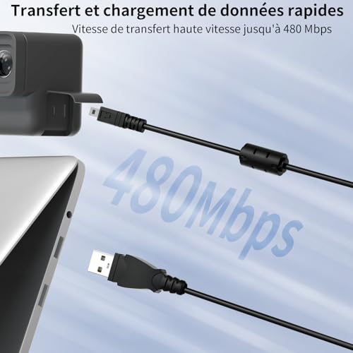 LEAGY Câble USB Câble de transfert de charge rapide USB-A vers Mini 8 broches USB 2.0 avec fiches plaquées argent et anneau magnétique en ferrite anti-brouillage, 0.9 m, noir – vue 3