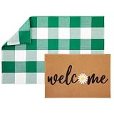 Maasechs 2 Pcs Door Mat Combo Set Layered Outdoor Rug and Coir Welcome Doormat Non Slip Floor Mat for Front Porch Entryway Outside Indoor Decor(Green Daisy,24'' X 35'',24'' X 16'')