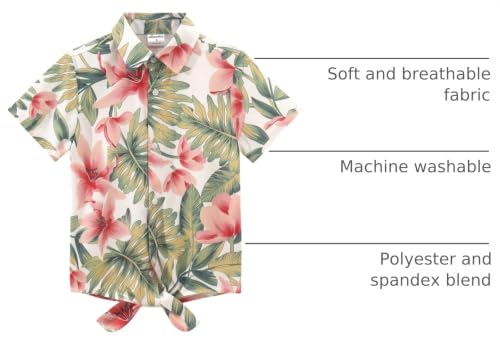 Image of Noomelfish Girls Tie Front Hawaiian Shirt Summer Floral Tropic Short Sleeve Button Down Tops (5-14 Years)