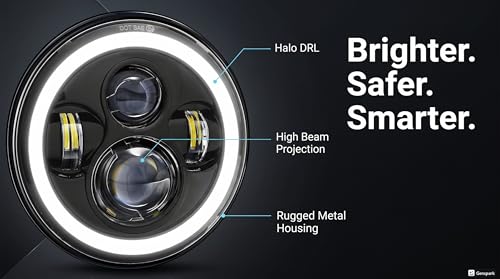 Image of 7 Inch LED Headlight with Full Ring DRL, White & Yellow Hi /Low Beam, Imported Power Headlamp Compatible with Royal Enfield Bullet & Thar, Waterproof and Durable (Pack of 1)