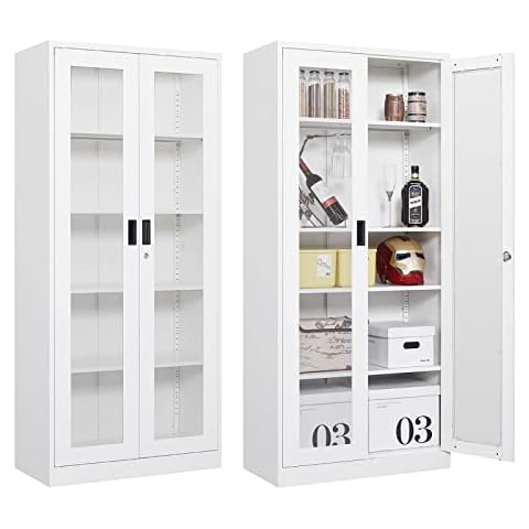 NODHM 71In Display Cabinet with 2 Glass Doors, 5 Tier Curio Cabinet, Metal Storage Cabinet with Lock & 4 Adjustable Shelves, Tall Front Bookshelf Cabinet Decor for Office/Living Room (White) Cover