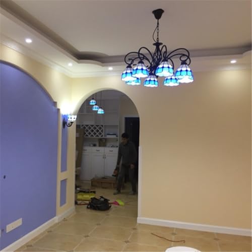 LTFCFZQ Lustre estilo Tiffany de 3 luzes com cúpula de vitral azul, luminária pendente vintage, lumi
