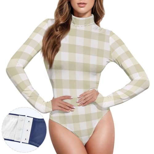 Body de manga larga para mujer de cuadros beige con cuello falso alto 2