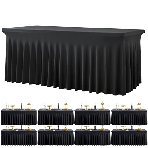 8 Pack Spandex Black Tablecloths for 6 Foot Rectangle Tables, Stretch Table Cloth 6ft Fitted Tablecover Desk Skirt for Parties Weddings Birthday Banquet Baby Shower