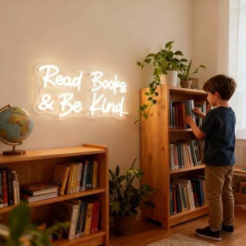 Image of Read Books And Be Kind Neon Sign for Wall Decor, Dimmable Neon Light Signs for Bedroom LED Signs for Classroom Bookstore Library Study Reading Study Room Decoration
