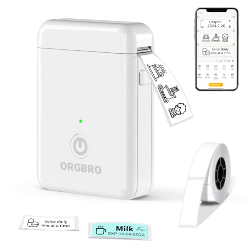 ORGBRO Label Maker Machine with Tape, X1 Portable Bluetooth Mini Label Printer for Organizing Storage, Rechargeable Thermal Label Maker Small Sticker Maker with Multiple Templates, White