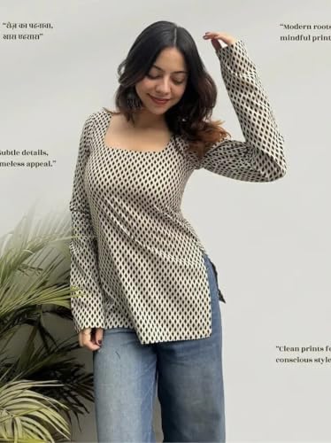 Image of FELISIA Women's Full Sleeves Rayon Printed Square Neck Short Kurti, Bell Sleeves, Short Kurti for Women, Stylish Ethnic Top, Daily Casual Western & Office wear