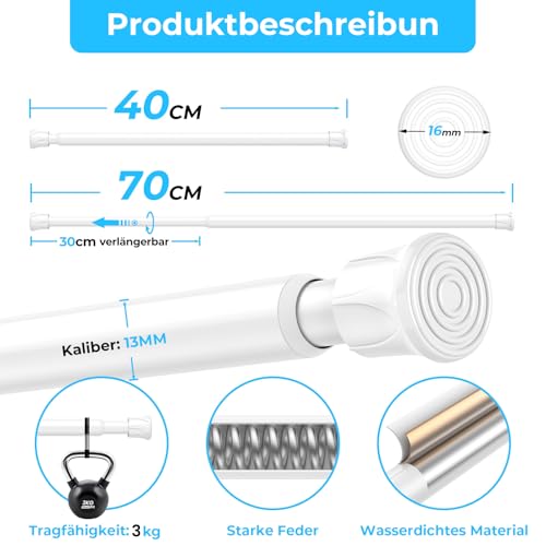 Zipglo 2 Stück Ausziehbare Gardinenstange ohne Bohren, Weiß,Länge 40 bis 70 cm, Ø13mm Teleskopstange, Für Fenster, Kleinere Schränke, Küche und Badezimmer, Klemmstange zur Anbringung von Gardinen