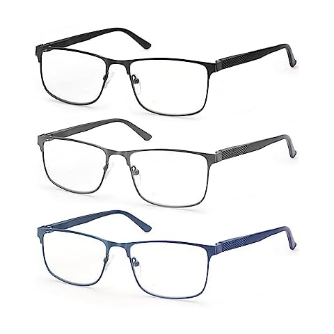 HAPJOYS Reading Glasses Men Blue Light Blocking Readers +2.50 Square Metal Cheaters Glasses Spring Hinge 3-Pack Anti Blue Ray Cover