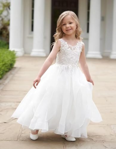 Girls Lace Applique Flower Girl Dress Tulle Toddler Princess Pageant Dresses Ruffles Long Tiered First Communion Dress3