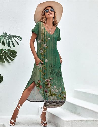 Image of Ekouaer Long Nightgowns for Women Short Sleeve House Dress with Pockets V Neck Sleepshirts Side Split Sleepwear S-4XL