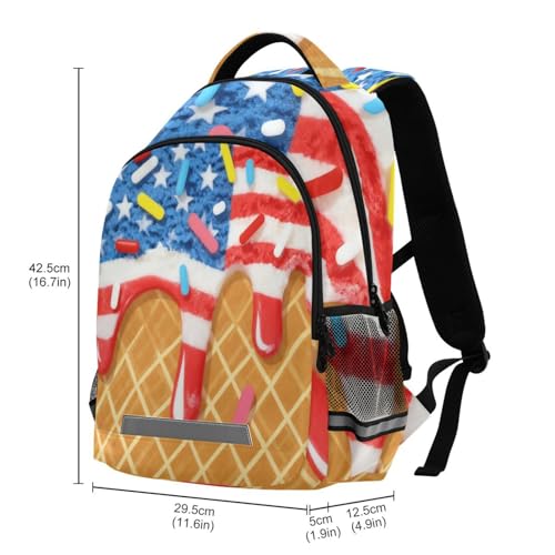 Image of American Flag Ice Cream Backpacks with Chest Strap,Lightweight Bookbags 17 Inch, Casual Daypack Bags