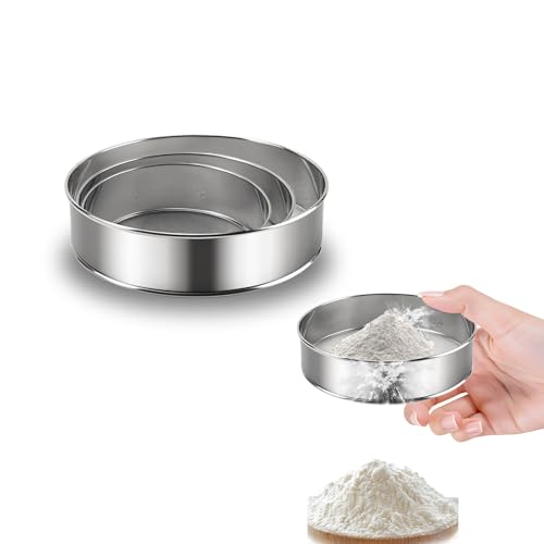 3PCS Sieve Fine Mesh with brush, Stainless Steel Round Sifter for Baking, Flour Sieve 8 Inch 60 Mesh,6 Inch 40 Mesh and 4Inch 40Mesh