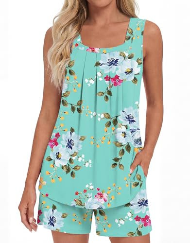 Image of LONGYUAN Womens Sleeveless Pajama Set Soft Summer Lounge Shorts Tank Top Sleepwear with Pockets 2 Piece Set M-3XL