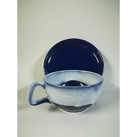 Breakfast Cup Continental Size Hand Crafted in Two Tone Cobalt Blue with a Side Plate for use as a Coaster or Plate. Made in Our Lincolnshire Pottery Cover