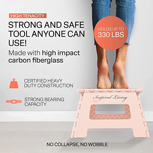 Inspired Living 9" Folding Step Stool, Plastic Foldable Step Stools For Adults Holds Up To 330 Lbs, Collapsible Folding Stool For Kitchen, Bathroom, Bedroom, Garden - Blush Pink #TOP2