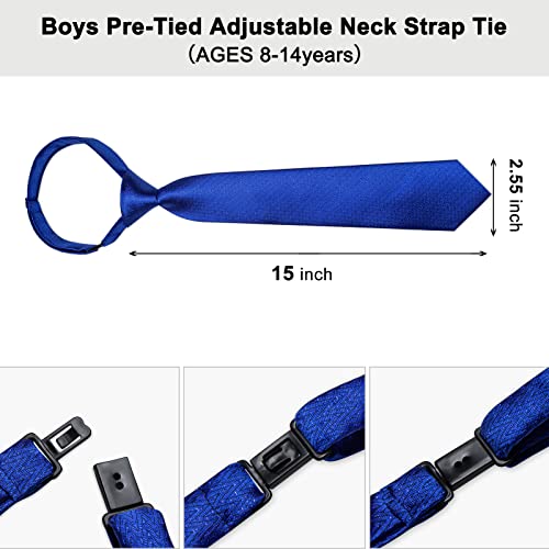 Dibangu Boy's Pre-Tied Royal Blue Necktie Classic Silk Kids Solid Tie And Pocket Square Set For 8-14 Age #TOP2