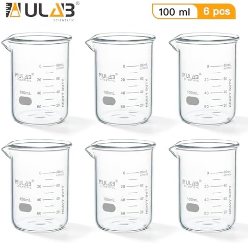 ULAB Scientific 유리 비커 세트, Vol.100ml, 샷 글라스, 3.3 붕규산 그리핀 로우 폼, 눈금이 인쇄된 로우 폼, 6개 팩, UBG1014 — 사진 2