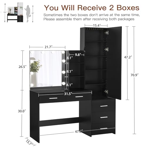 usikey 47.2 inch Large Vanity Desk with 10 Lights Bulbs & Full-Length Mirror, Makeup Vanity with Lights and 5 Drawers, Vanity Table Set with Mirror Cabinet and Storage Shelves, Black