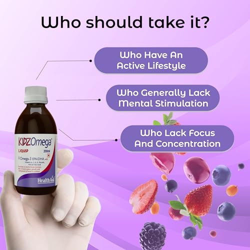 Image of HealthAid KidzOmega - 800ml | Ideal For Kids Where Yummy Meets Healthy | Omega 3 DHA with Vitamin C, D, E | Omega 3 syrup for kids optimal growth | Supports Brain Health | Mix Berry Flavor