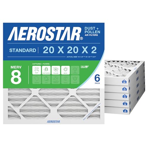 Image of Aerostar 20x20x2 MERV 8 Pleated Air Filter, 6-Pack, Synthetic, Compatible with Furnace