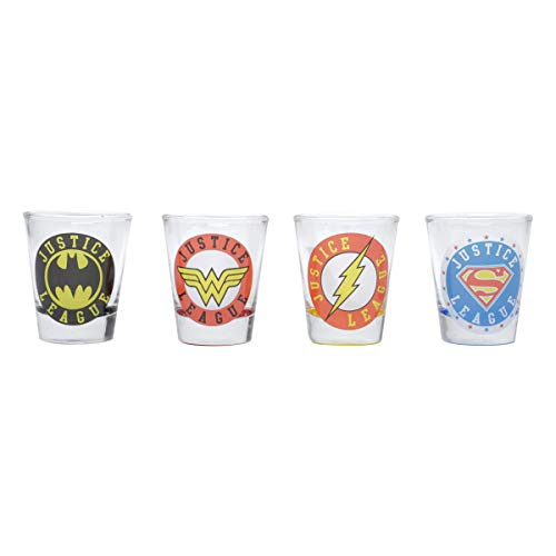 SET C/4PC COPO DOSE VIDRO DC OR JUSTICE LEAGUE LOGOS COLORIDO 5X3,5X6CM 50ML