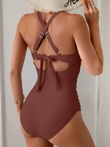 Image of B2prity Women's One Piece Swimsuit Tummy Control High Waisted Bathing Suit | Color Block,Removable Soft Cups,Cutout,V neck,Full Coverage,Adjustable Criss Cross Straps,Tie Back