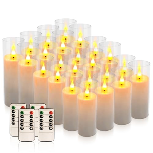Flickering Flameless LED Candles, 24 Pcs Battery Operated Acrylic LED Pillar Candles with 4 Remote Controls & Timer Function - Safe for Home, Wedding, Outdoor Decor, Halloween, Christmas Party.