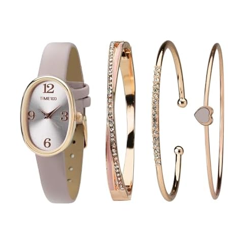 TIME100 Women's Oval Watch and Premium Crystal Accented Bracelet Set, Leather Band, Purple Cover