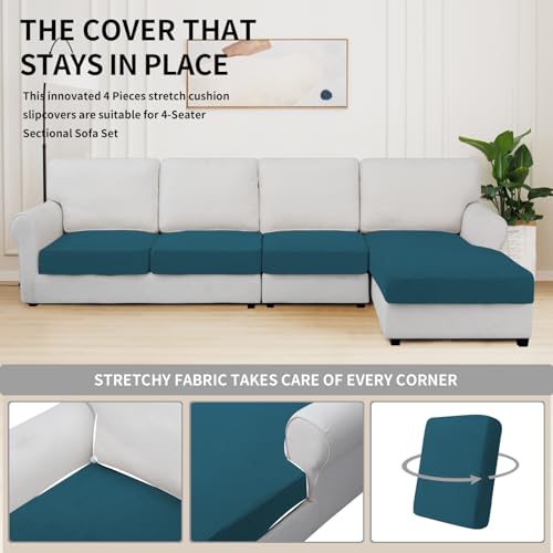 Image of Easy-Going Stretch 4 Pieces Couch Cushion Covers for Sectional Sofa L Shape | 3 Seater + 1 Chaise Lounge Left /Right L Sofa Seat slipcover Anti-Slip Sofa Cover Soft Peacock Blue
