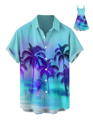 DRESSFO Matchable Couples' Outfit Blue Coconut Tree Print Men's Shirt Or Women's Spaghetti Strap Dress