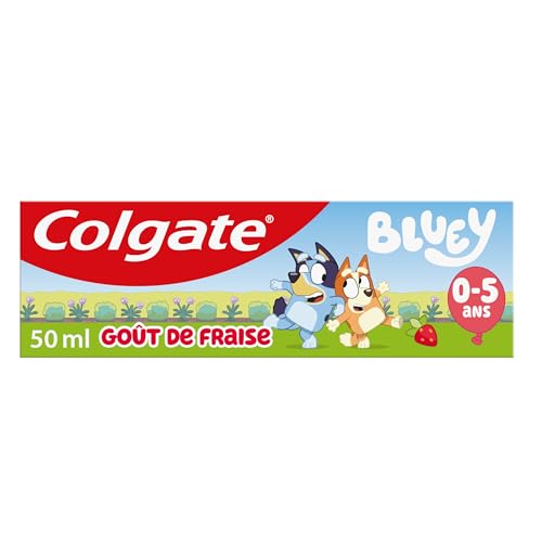 COLGATE - Dentifrice Enfant et Bébé Bluey - Goût Fraise - Protection des Dents de Lait - Sans colorants, ni arômes, ni édulcorants - 0-5 ans - Tube de 50mL