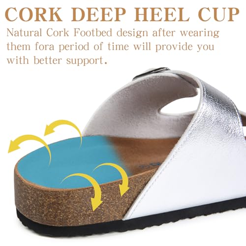 Dumalum Womens Flat Sandals with Cork Footbed Open Toe Slides Adjustable Slip On Slippers for Summer Beach Sandals Arch Support Size 6-123