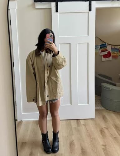 Womens Barn Jacket Classic Canvas Utility Jackets Corduroy Collar Vintage Button Down Coat with Pockets4