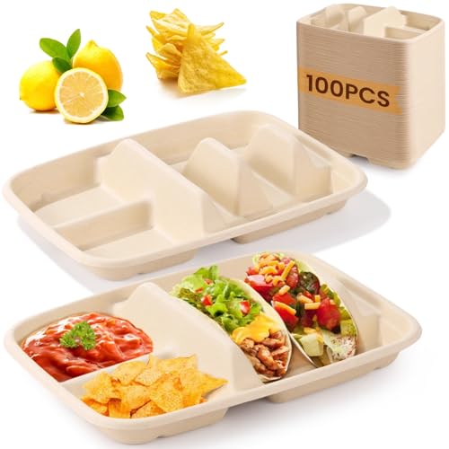 100 PCS Disposable Taco Holders, Bagasse Pulp 2-Slot Taco Plate with Side Compartments, Safe Plant Fiber Tray for Taco Tuesday, Party, Sandwich, Hot Dog, Sauce & Snack Serving, Thick