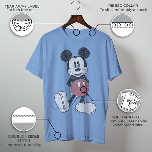 Image of Disney Men's Full Size Mickey Mouse Distressed Look T-Shirt | Officially licensed, 100% cotton, sizes S to 2X, size up recommended, Disney fan gift, crew neck, pop culture tee