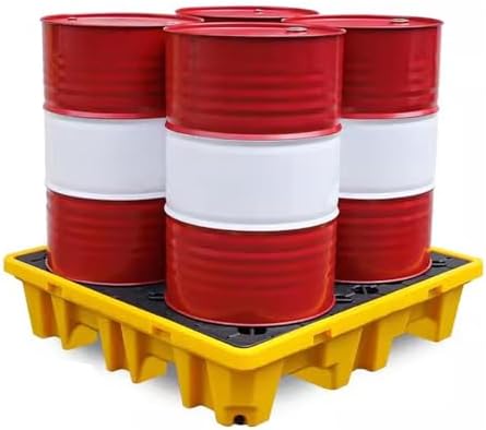 Modular Spill Containment Pallet for Oil Drums, Stackable Leak-Proof Tray with Drain & Grating, 26.6"x26.6"x5.9", Black & Yellow, Ideal for Industrial Use